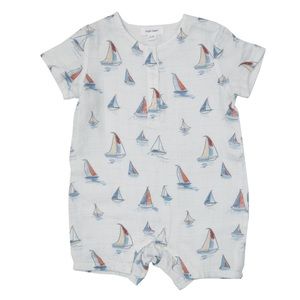 • Angel Dear • Baby Henley Shortall One Piece Sketchy Sailboat Print Blue & Red